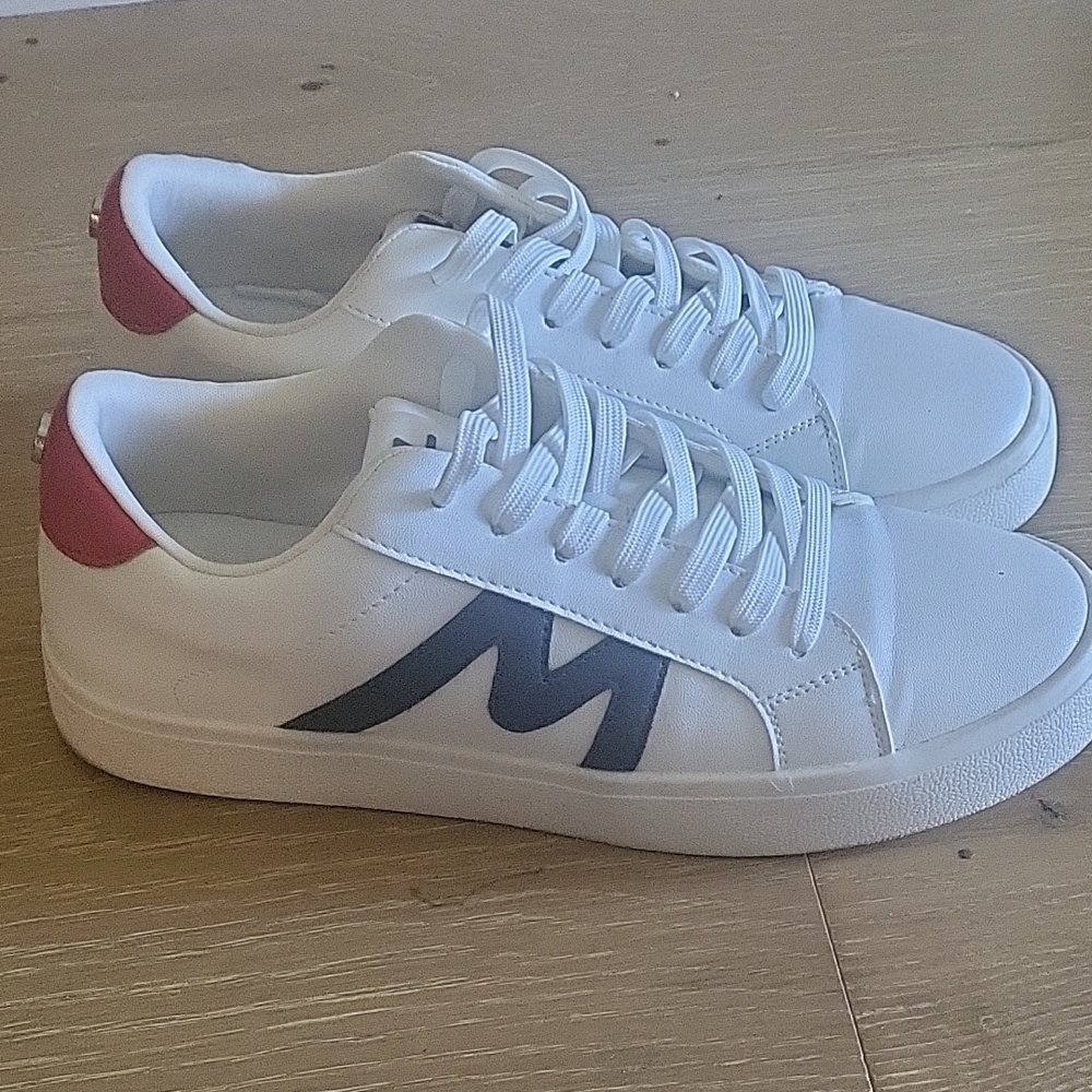 White Sneakers with Red and Black Accents